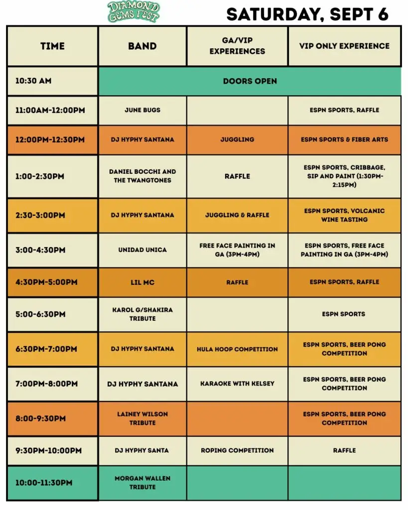 Sept 6, Saturday Schedule: Diamond Gems Fest