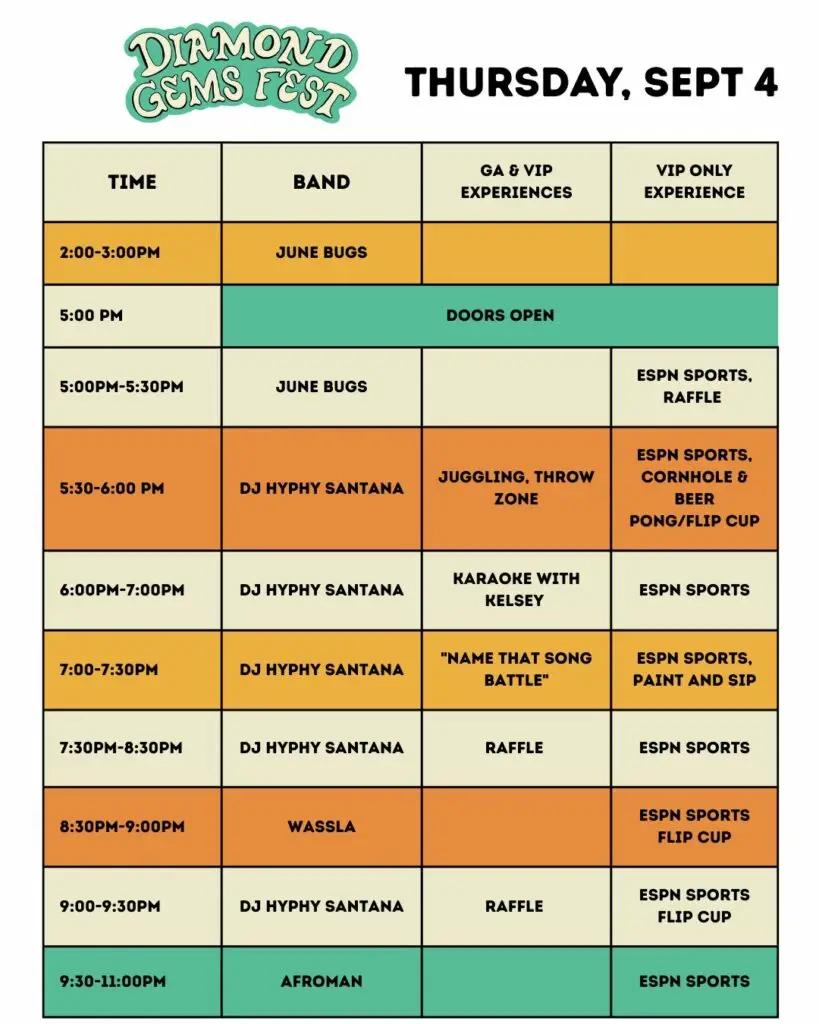 Sept 4, Thursday Schedule: Diamond Gems Fest